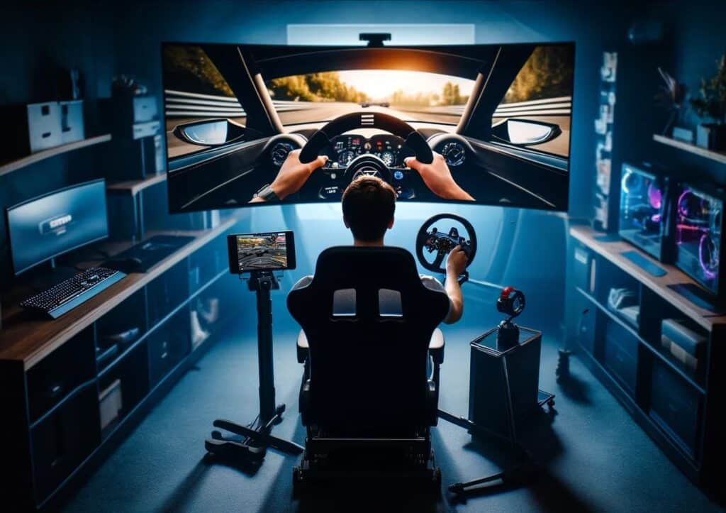 Setup simracing : Simracer dans un siège simulation de course, avec un écran ultrawide et un volant jouant à un jeu de simracing.